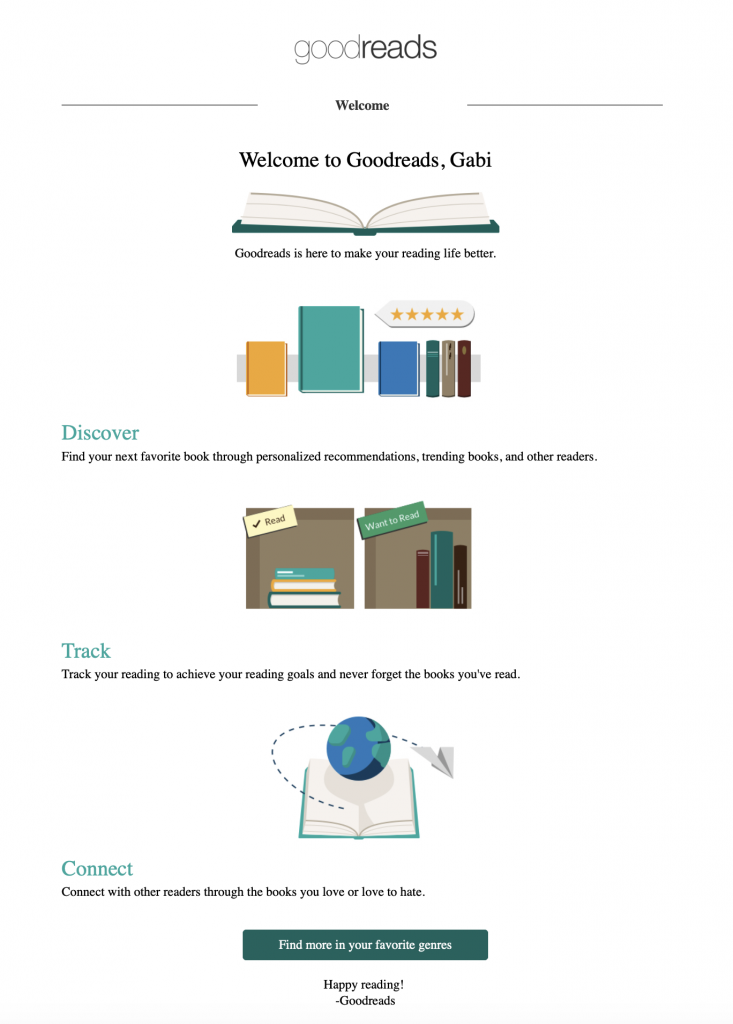 Welcome email by Goodreads