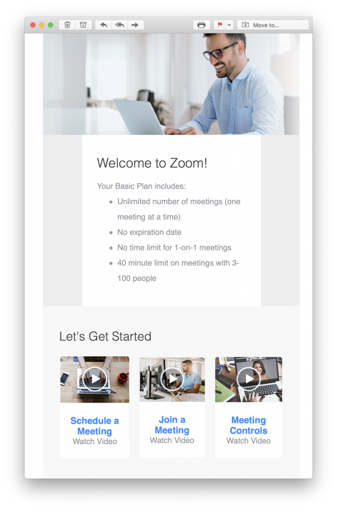 Actionable welcome email by Zoom