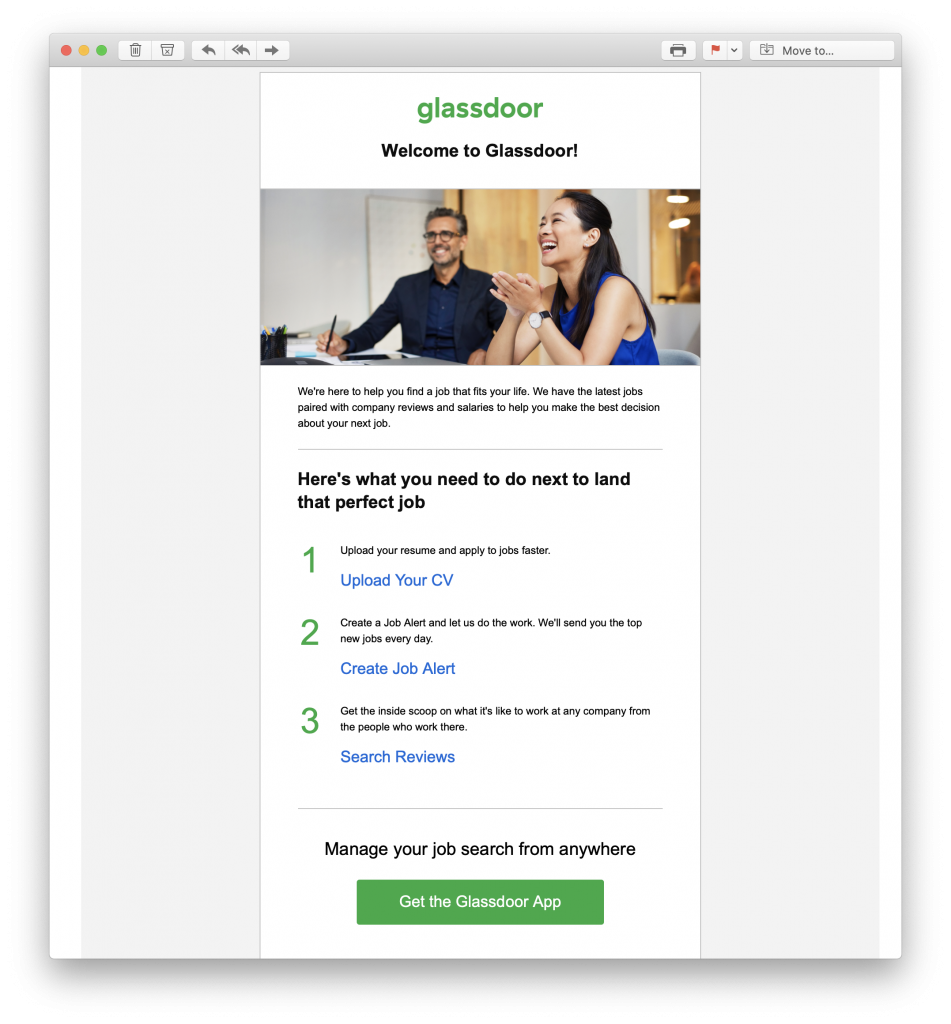 Welcome email by Glassdoor