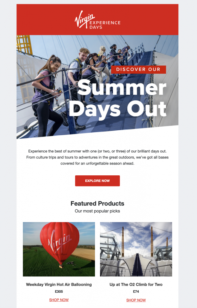 summer days out email promotion by virgin experience days