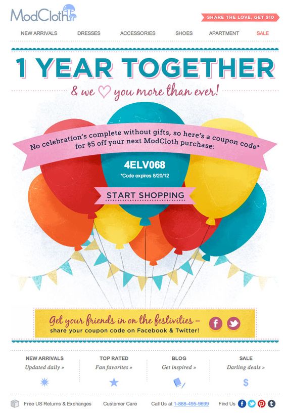 Anniversary email design by ModCloth