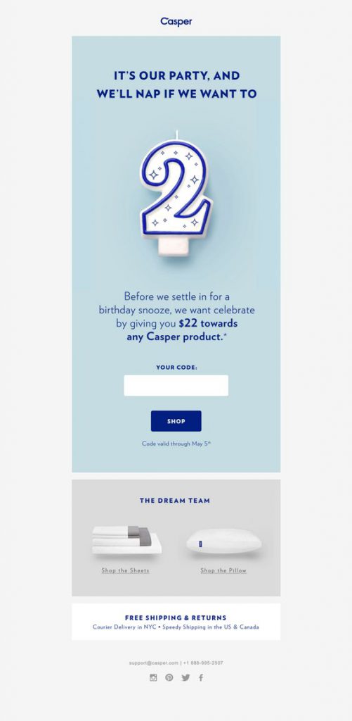 Anniversary email by Casper