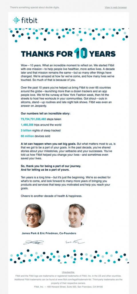 Anniversary email statement by Fitbit