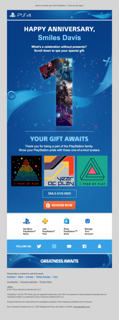 Anniversary email by Playstation