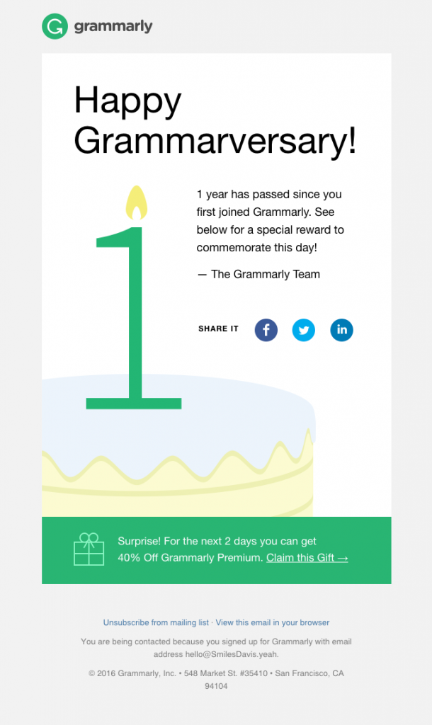 Anniversary email by Grammarly