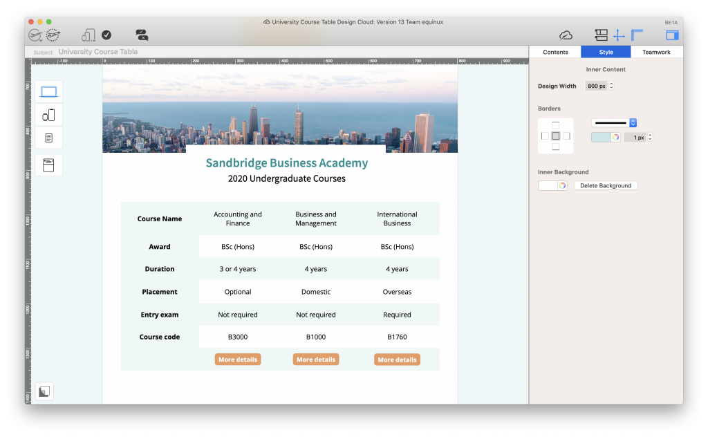 Email with table layout for universities and colleges