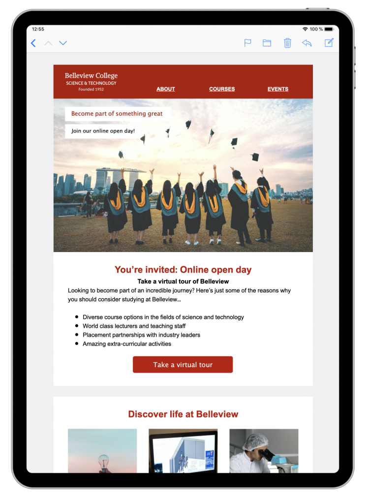 Email template for university open day