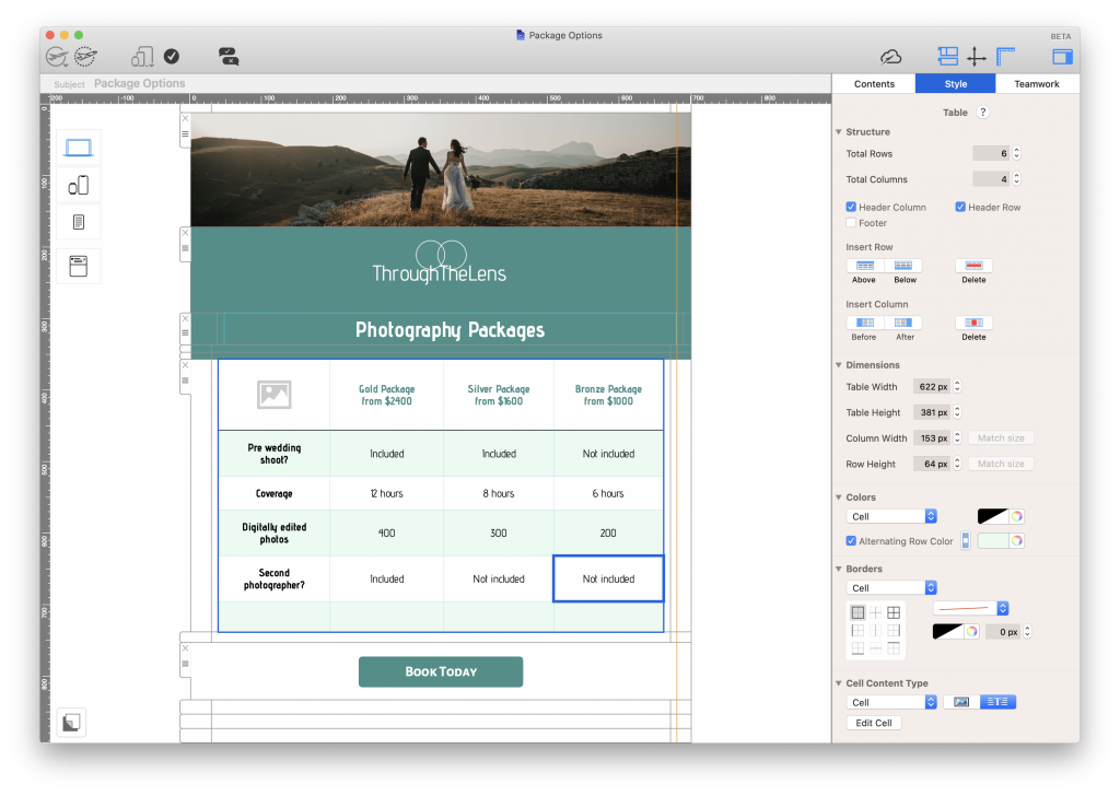 Table layout with pricing information for a wedding photographer