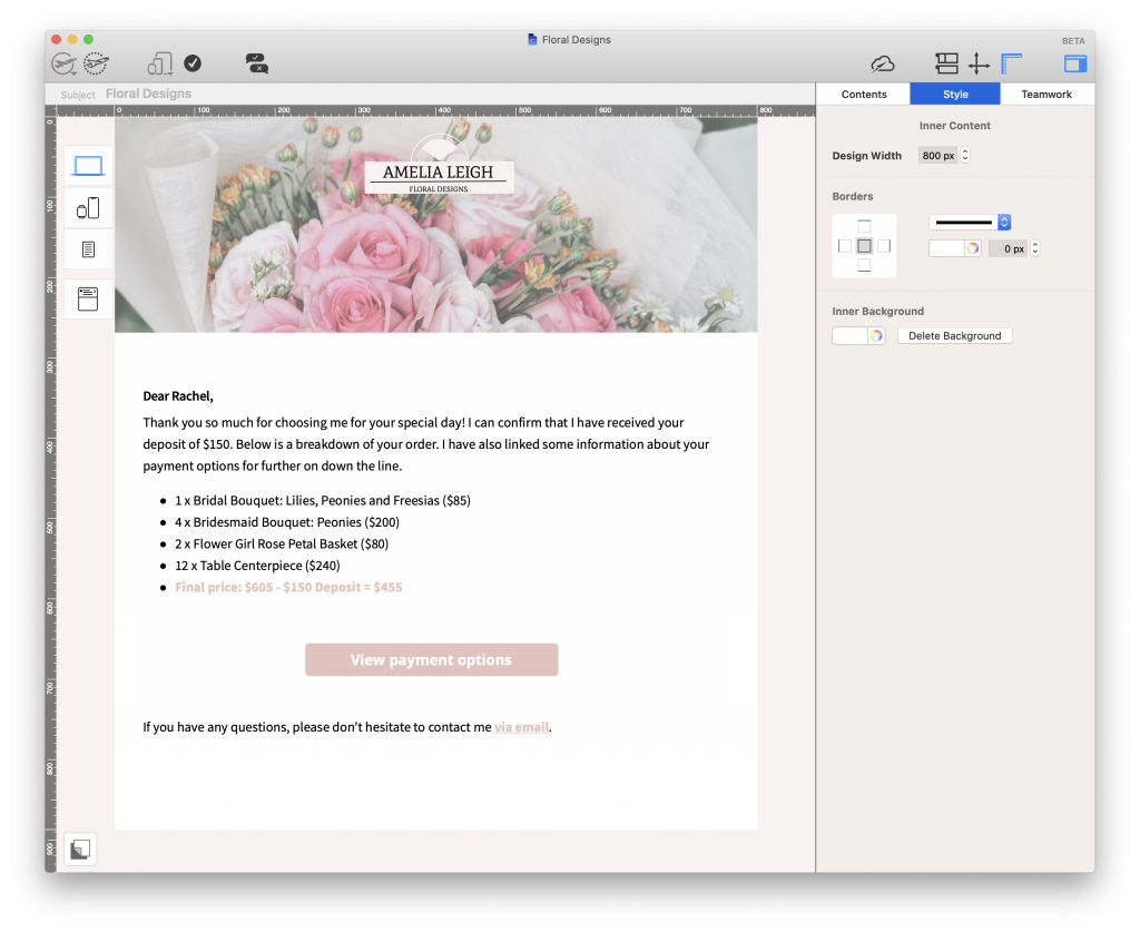 Payment confirmation email for a wedding florist