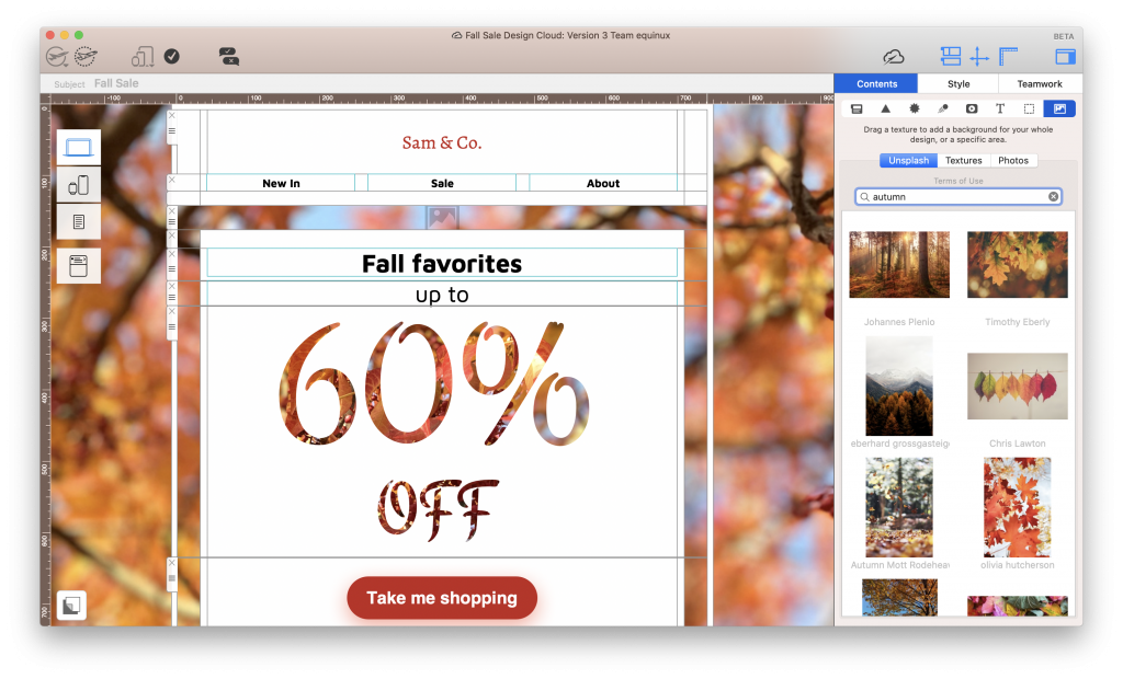 Using Unsplash integration in Mail Designer 365 to find autumnal images