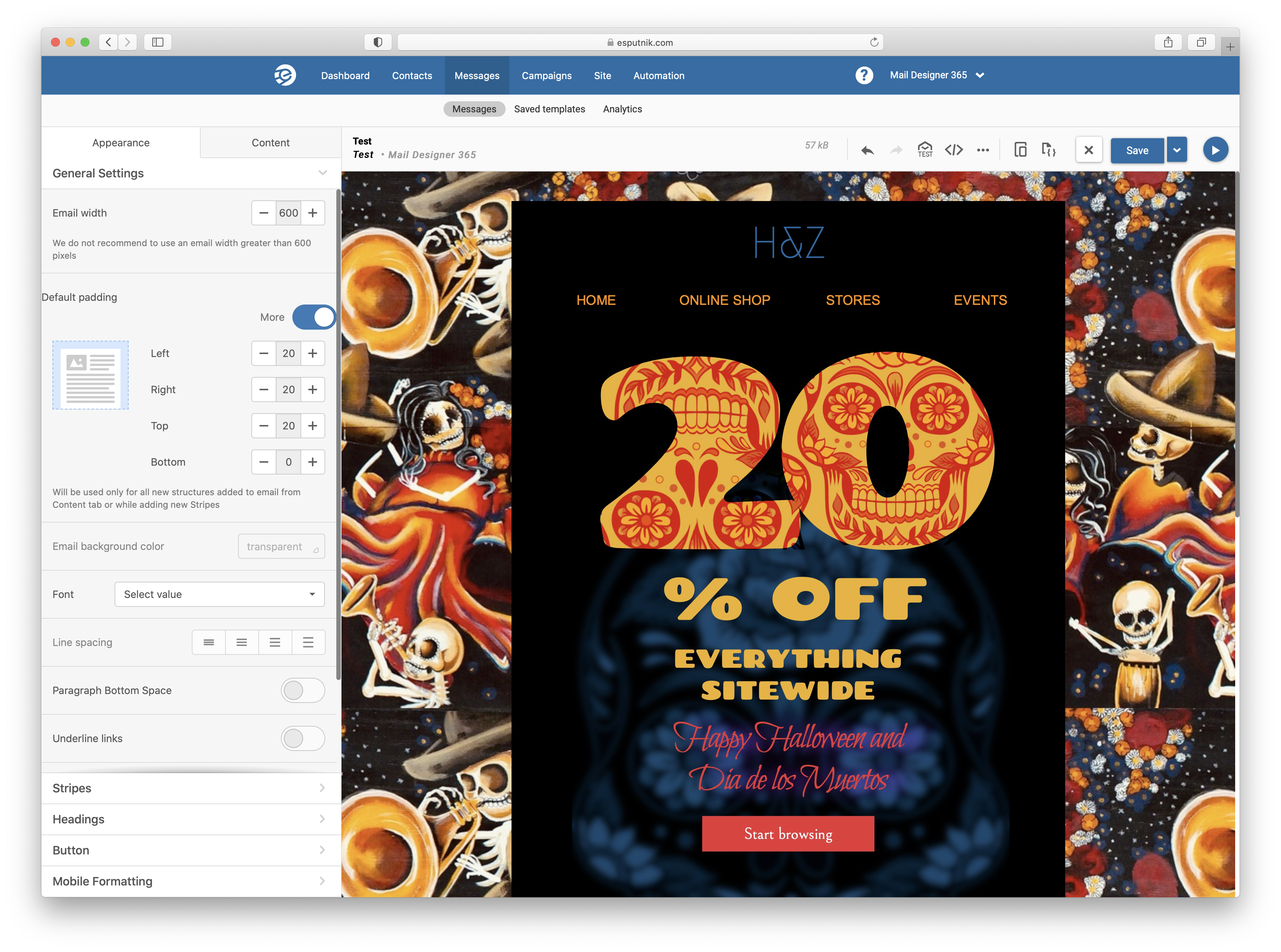 Mail Designer 365 template in the eSputnik editor