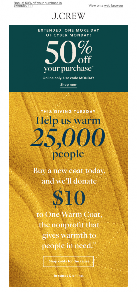 Giving Tuesday promotion by J Crew