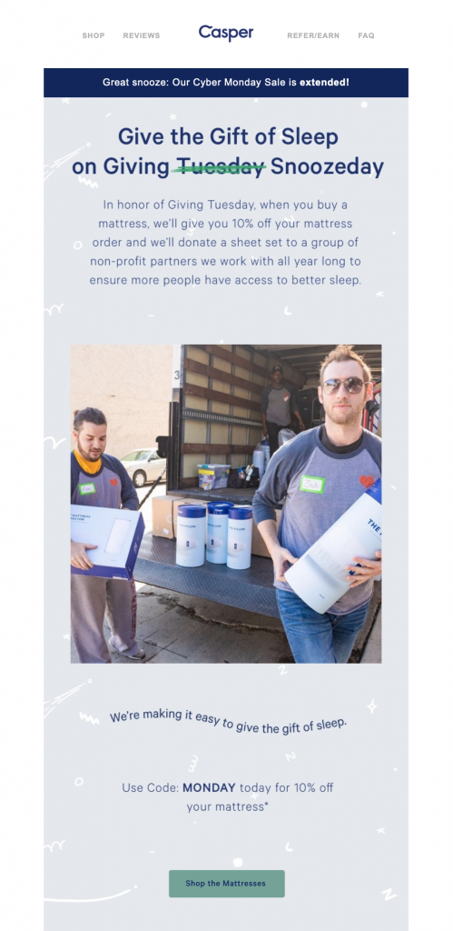 Giving Tuesday email campaign by Casper