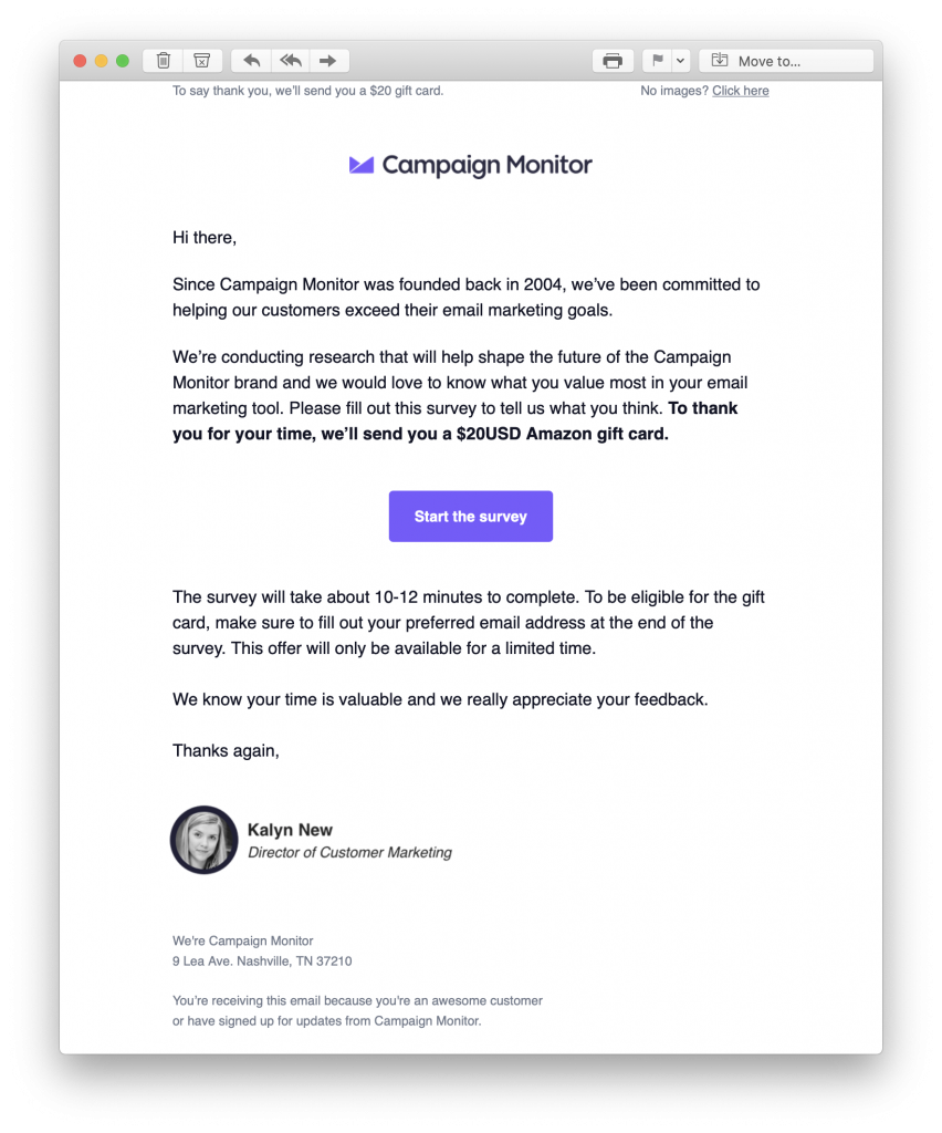 Feedback email by Campaign Monitor