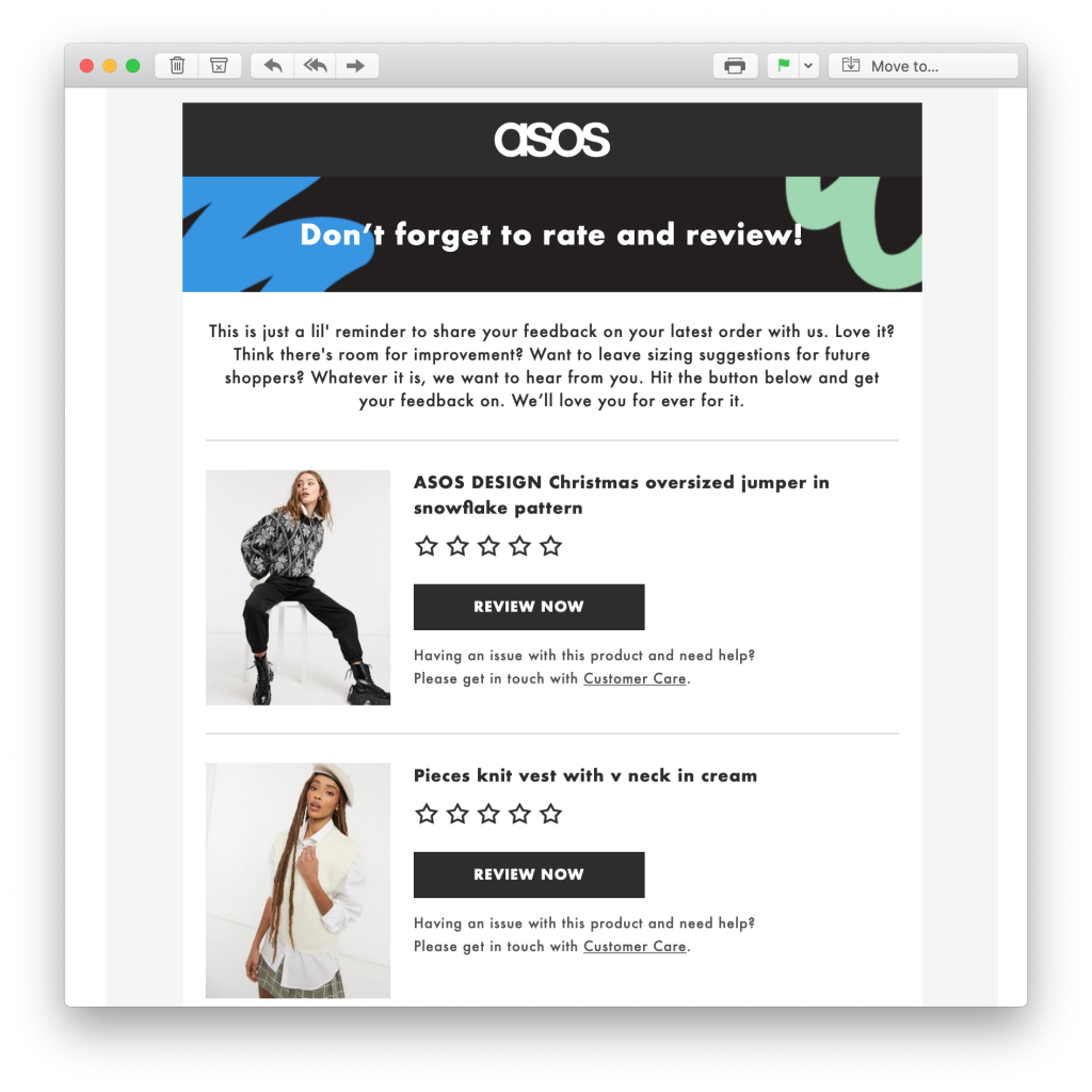 feedback request email by ASOS