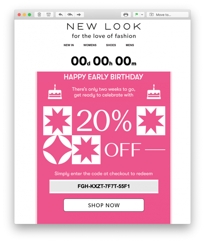 automated birthday email by new look