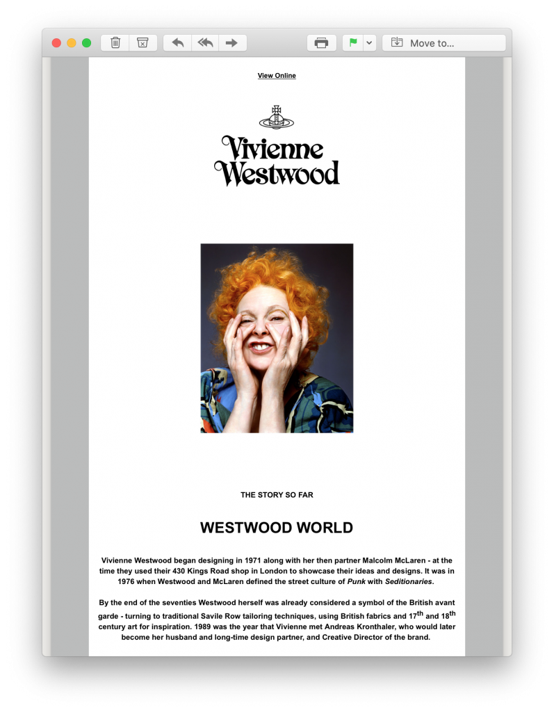 welcome email by Vivienne Westwood