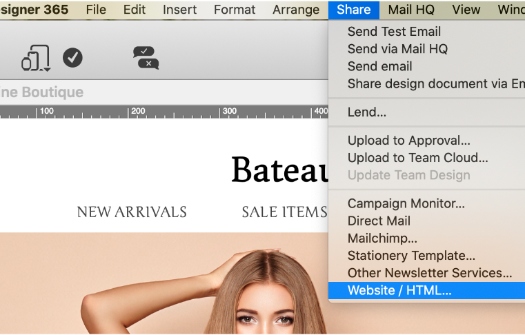 exporting a mail designer 365 email as html