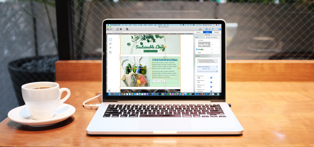 blogger email template being edited in mail designer 365 on an apple MacBook