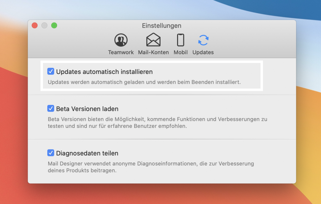 Aktiviere automatische Updates, um schnelleren Zugriff auf neue Mail Designer 365 Versionen zu bekommen.