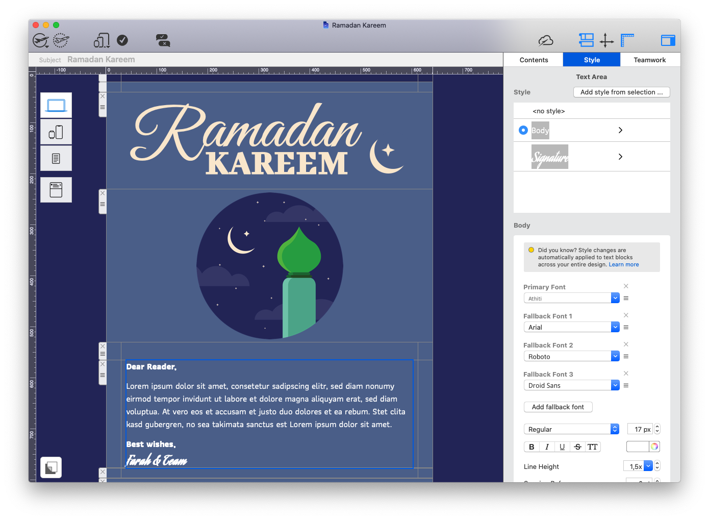 Ramadan email greeting created in Mail Designer 365.