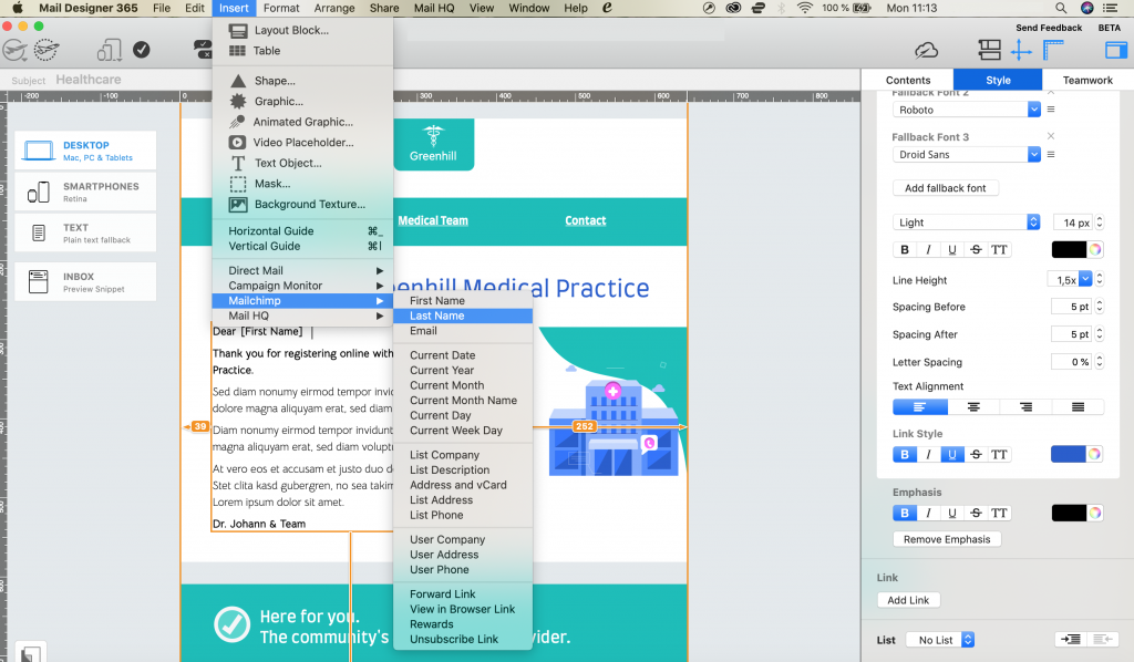 inserting placeholders in mail designer 365