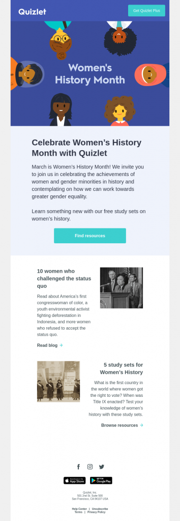 email for women's history month by quizlet