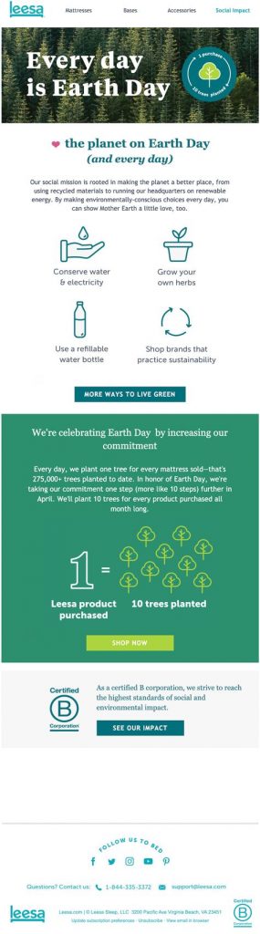 Earth Day email promotion by Leesa