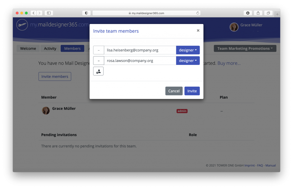 my.maildesigner365 web based team management portal