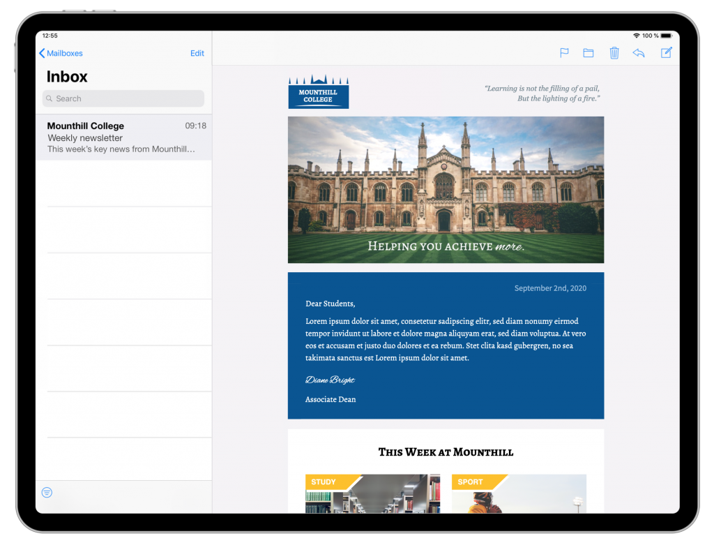 educational newsletter with institution branding