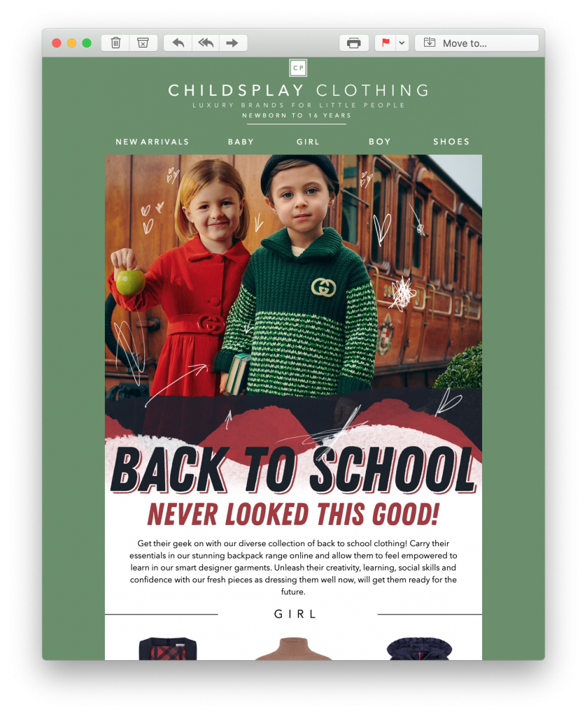 back to school email campaign by childsplay clothing