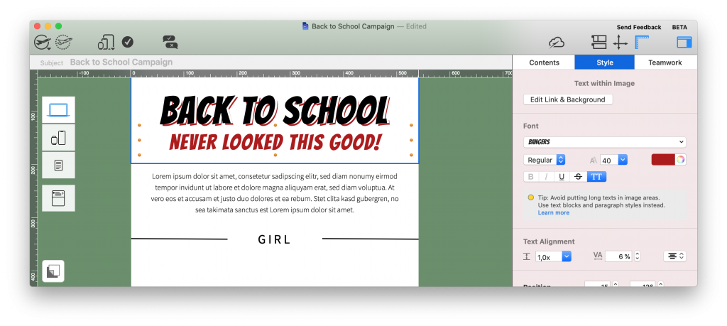 back to school comic book style headline in mail designer 365