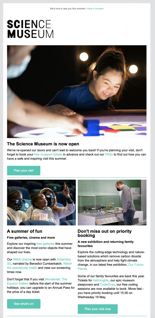 email newsletter by London science museum