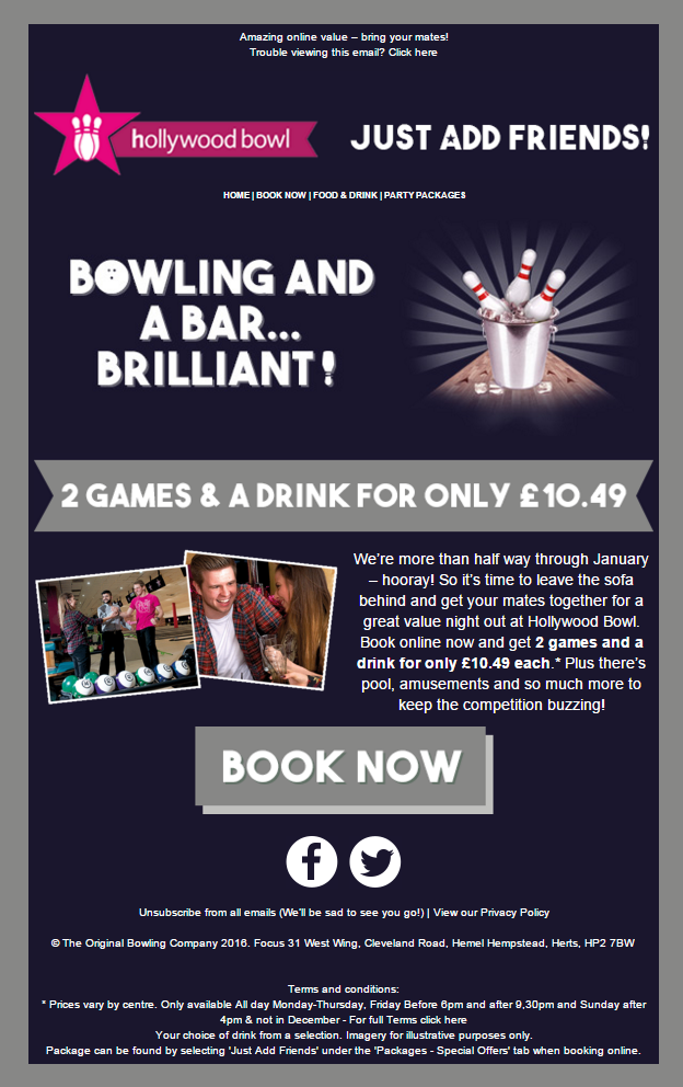 email promotion by Hollywood bowl bowling alley