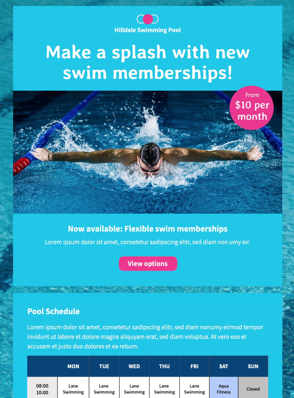 swimming pool schedule html email template