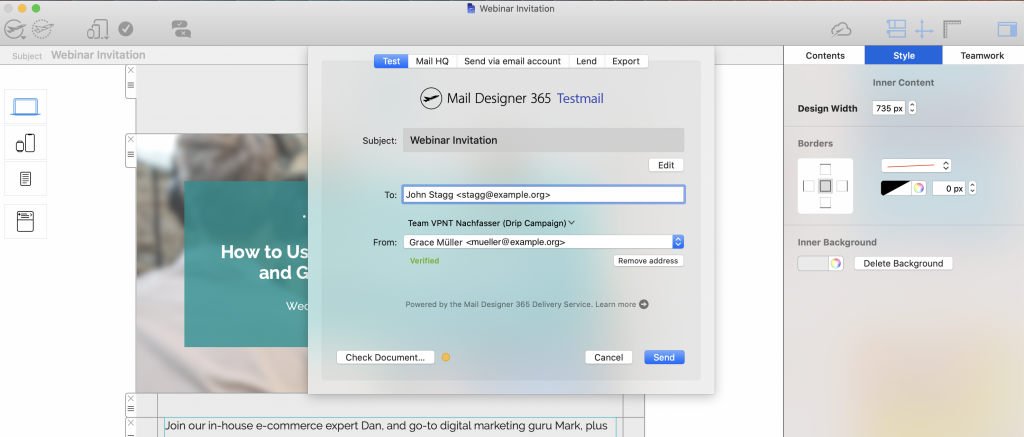 Testmail service in Mail Designer 365