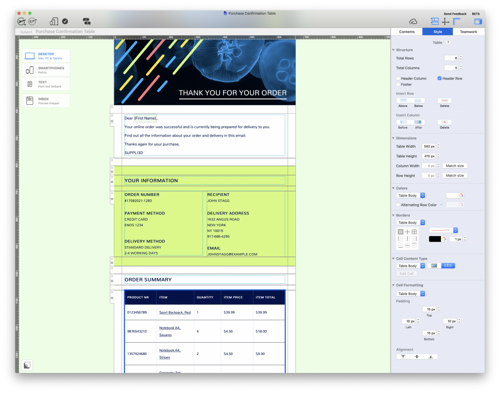 purchase confirmation table email template