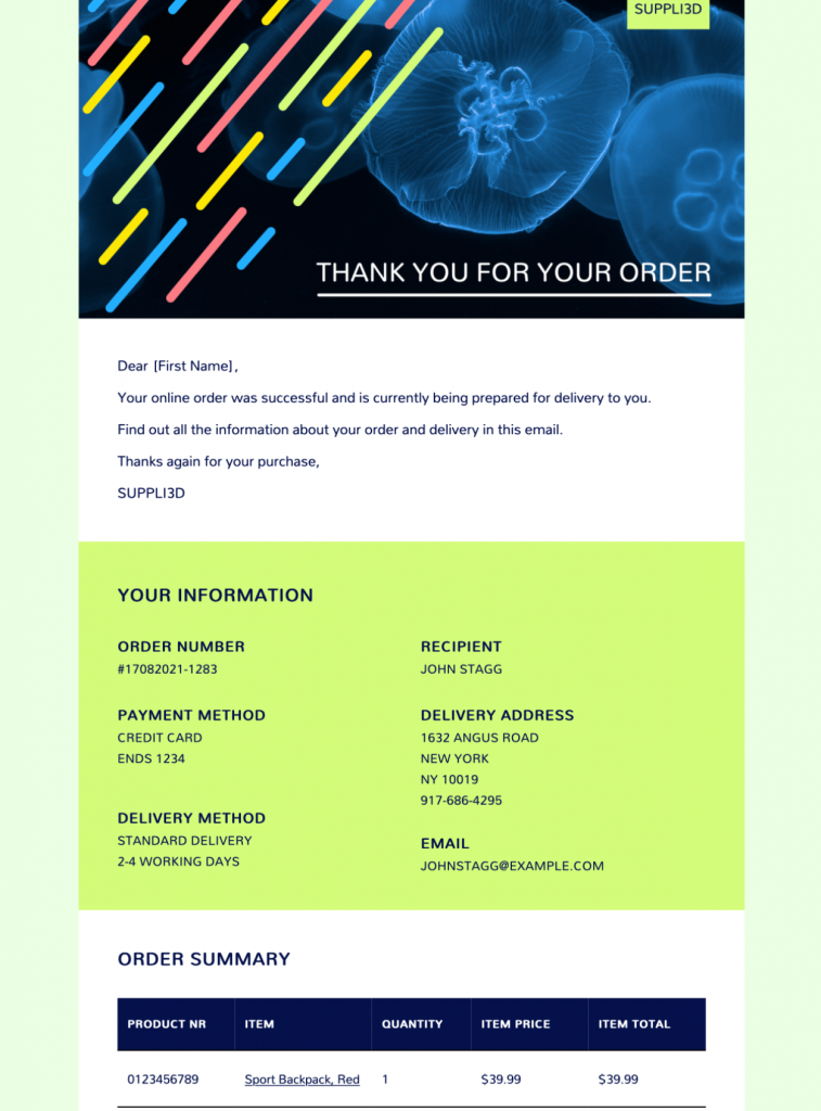 purchase confirmation table email template