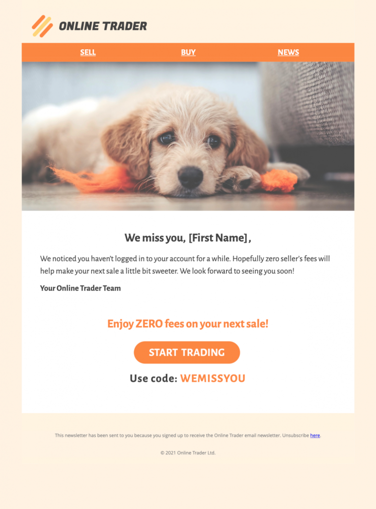 html email template for reengagement campaigns with a sweet puppy motif