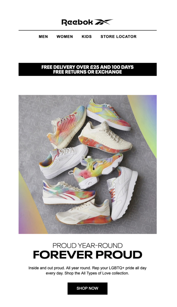 LGBTQ pride email campaign by reebok 