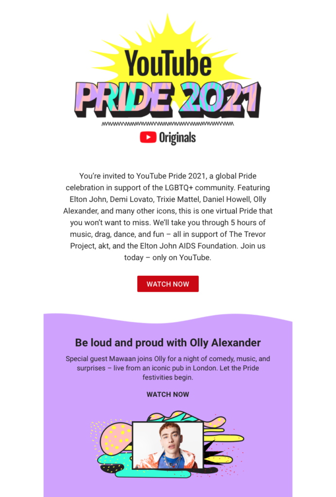 LGBTQ pride event email by YouTube