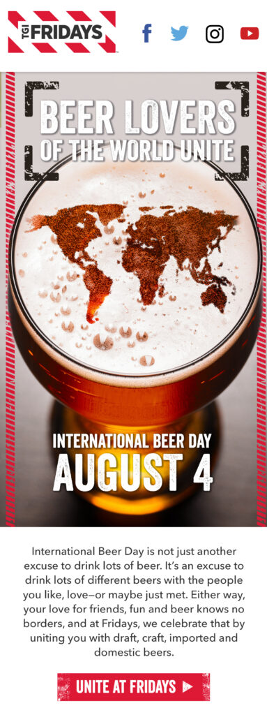 tgi Fridays email campaign for international beer day