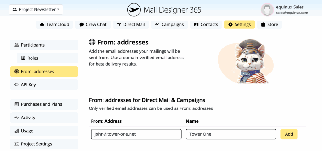 Add a new sender email address in Mail Designer 365 Campaigns under Settings > From addresses