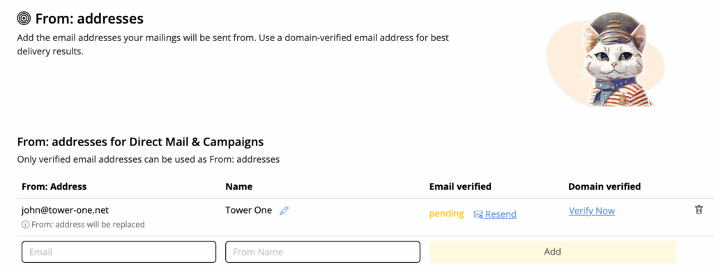 Sender email address pending verification in Mail Designer 365 Campaigns