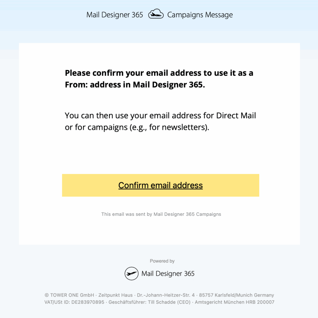 Confirmation email for verifying sender email address in Mail Designer 365