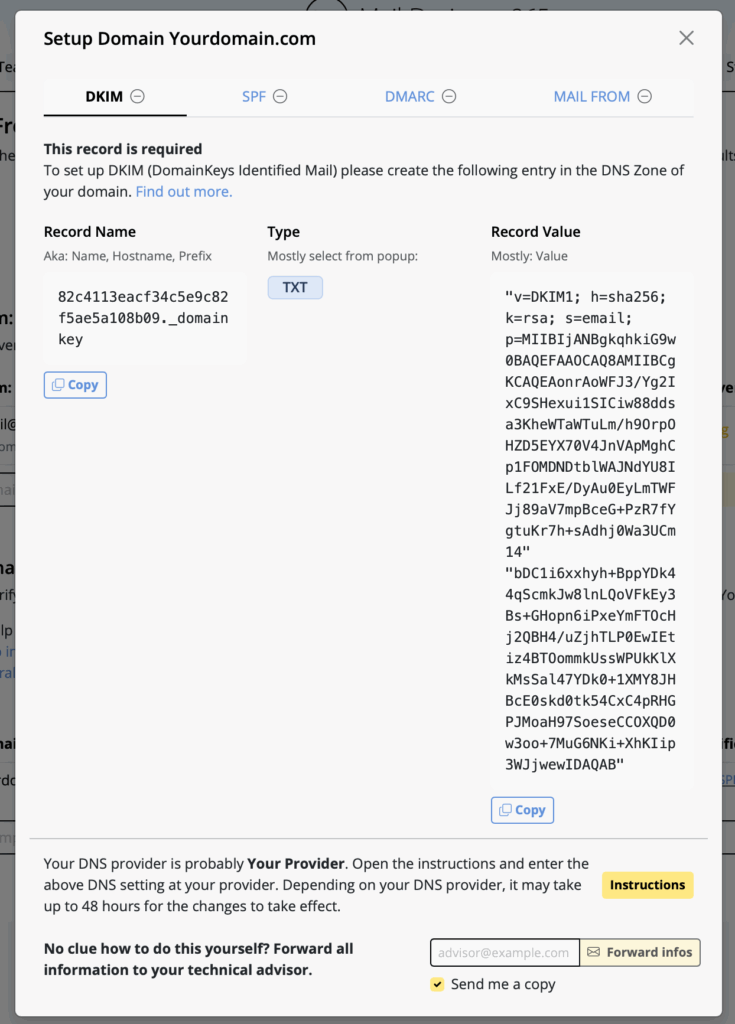 DKIM setup record details dialog showing record name type and TXT value to add in DNS