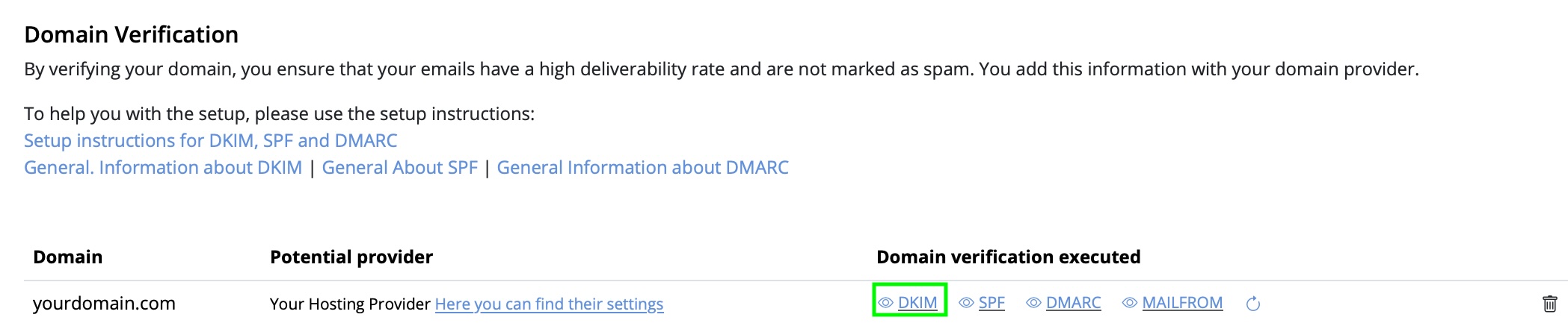 DKIM setup status in Mail Designer 365 Campaigns under From addresses