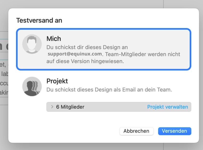 Dialogfenster in Mail Designer 365, um eine Testmail zu senden – Auswahl zwischen dem Versand an sich selbst oder an das Projekt-Team.