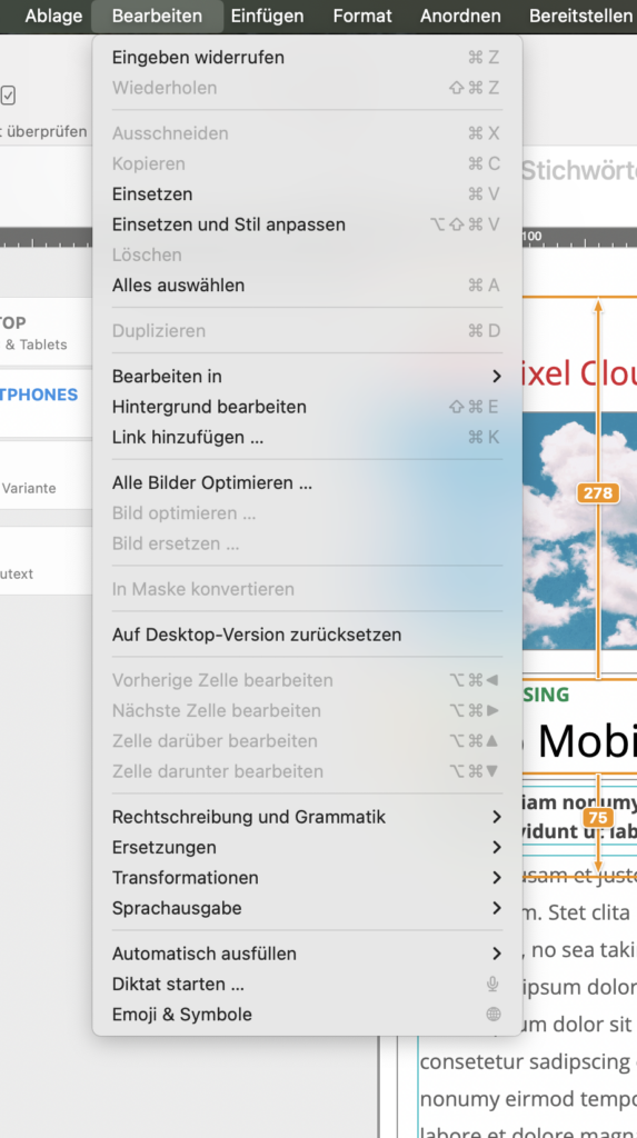 Geöffnetes „Bearbeiten“-Menü in Mail Designer 365 mit hervorgehobener Option „Auf Desktop-Version zurücksetzen“. Diese Funktion stellt die mobile Version eines Layout-Blocks auf die ursprüngliche Desktop-Version zurück. Weitere Menüoptionen umfassen Bearbeitungs-, Formatierungs- und Bildoptimierungsfunktionen.