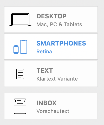 Auswahlmenü zur Ansichtseinstellung in Mail Designer 365. Die Option „SMARTPHONES Retina“ ist hervorgehoben, um zur mobilen Ansicht zu wechseln. Weitere Optionen sind „DESKTOP“ (Mac, PC & Tablets), „TEXT“ (Klartext Variante) und „INBOX“ (Vorschautext).